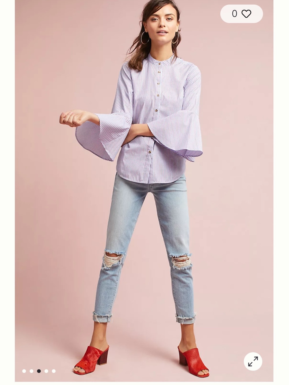 Anthropologie Maeve Baby Blue and red striped Bell Sleeved Poplin Button Down